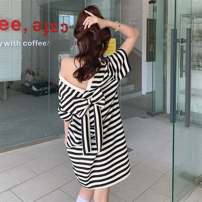 スタイルアップ 上質 美人度アップ リボン ストライプ柄 ワンピースE-9202