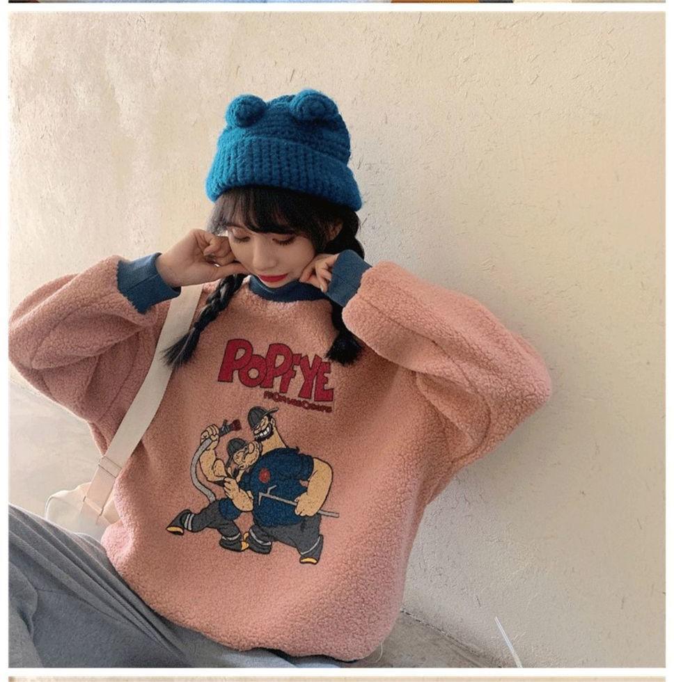 韓国系ふわふわグラフィックロゴボアスウェットトップス全2色E-4208