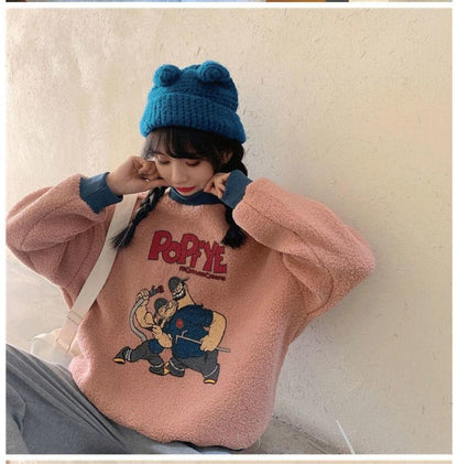 韓国系ふわふわグラフィックロゴボアスウェットトップス全2色E-4208