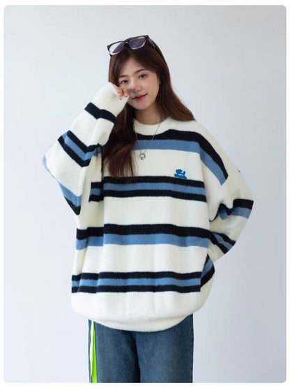 大活躍 カジュアル 柔らかくて優しい印象 ストライプ柄 2色選択ニットトップスE-9938