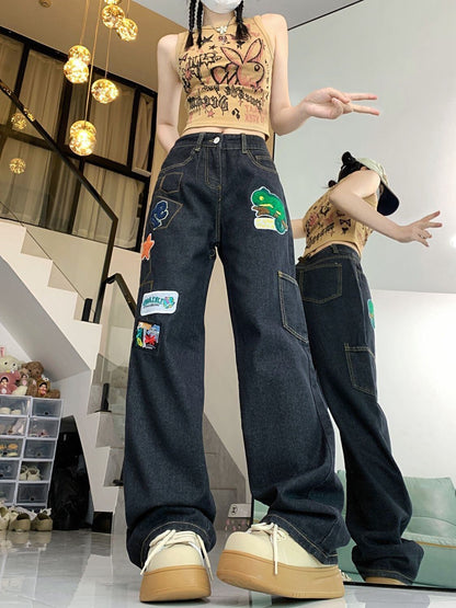 ファッション感満々 着回し力抜群 個性的なデザイン デニム ワイドパンツE-9769