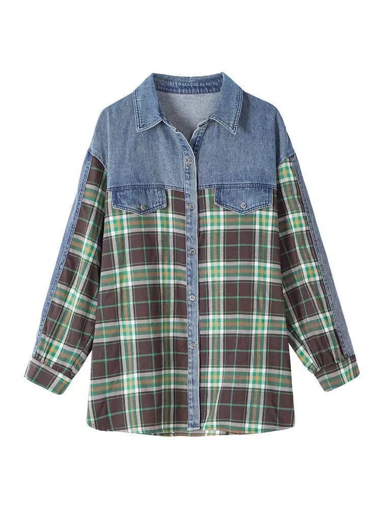 今季マストバイ 着心地良い 絶対欲しい チェック柄 切り替え デニム シャツ E-9266