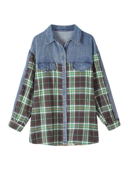 今季マストバイ 着心地良い 絶対欲しい チェック柄 切り替え デニム シャツ E-9266