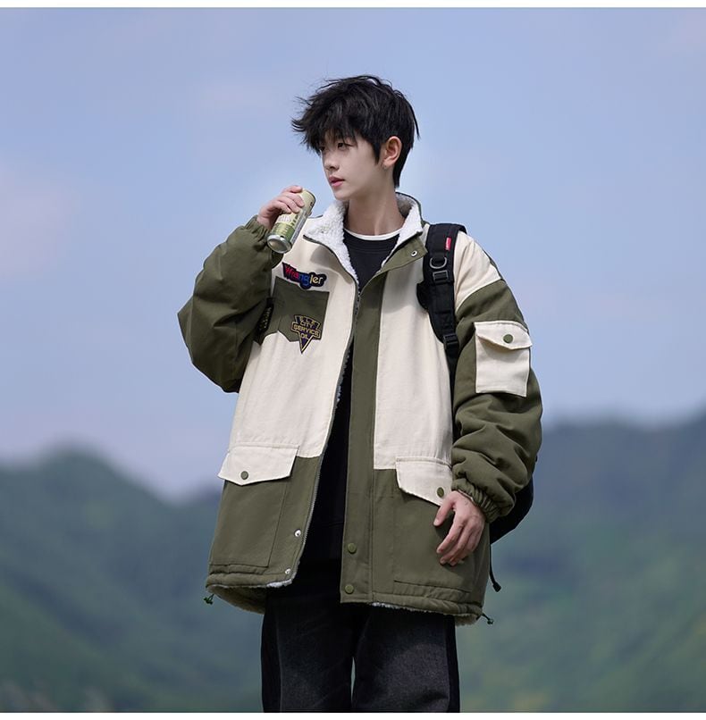 【裏起毛】質感のいい 配色切替 リバーシブル 裏ボア  オーバーサイズ ジャケットE-12581