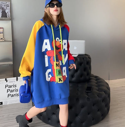オーバーサイズ カラーマッチング アルファベットプリント フード付き ロングパーカE-4085