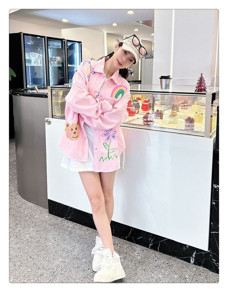 売り切れ必至 韓国風ファッション 上質 アバンギャルド プリント デニム Tシャツ E-9479