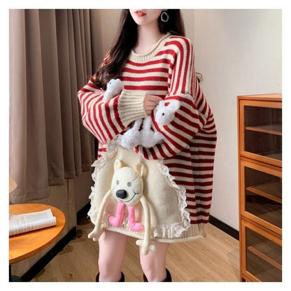 スタイルアップ効果抜群 ストライプ柄 個性的なデザイン 2色選択ニットトップスE-10585