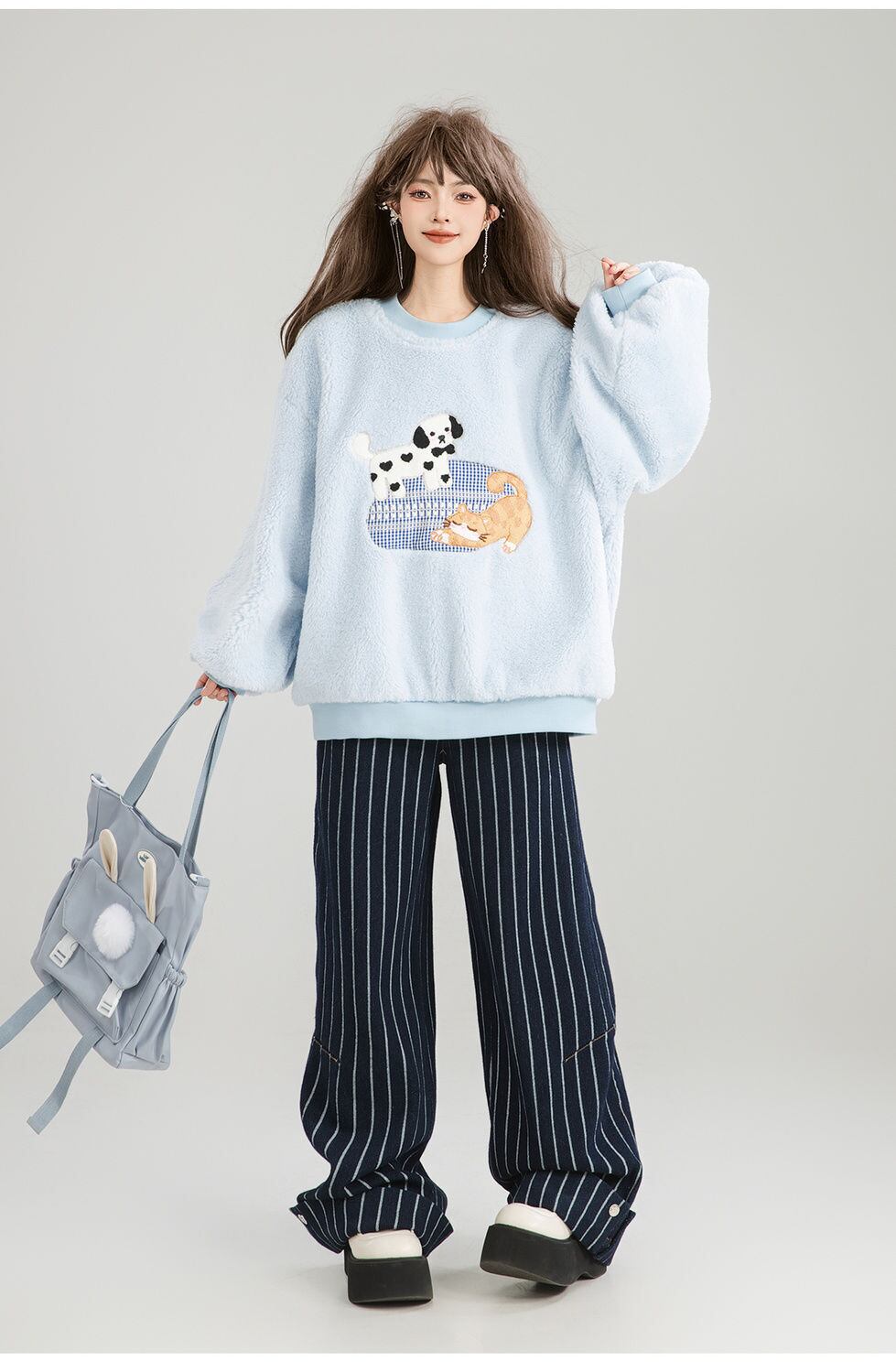 存在感抜群 暖かい服,ゆったりとしたアウターウェア トレンドアイテム ラムスウェットシャツE-9961