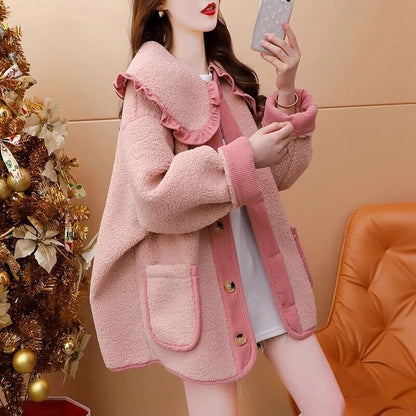 新商品 柔らかくて優しい印象 大人可愛い フリルドールカラーガーリーコートE-9946