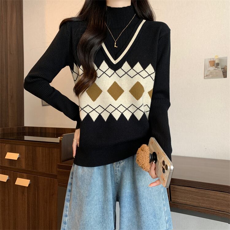 人気上昇中 レイヤード風 おしゃれ度高め 全2色 ニットトップスE-9583