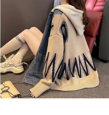 新作デニム切り替えニットフード付きパーカートップス全3色E-4321