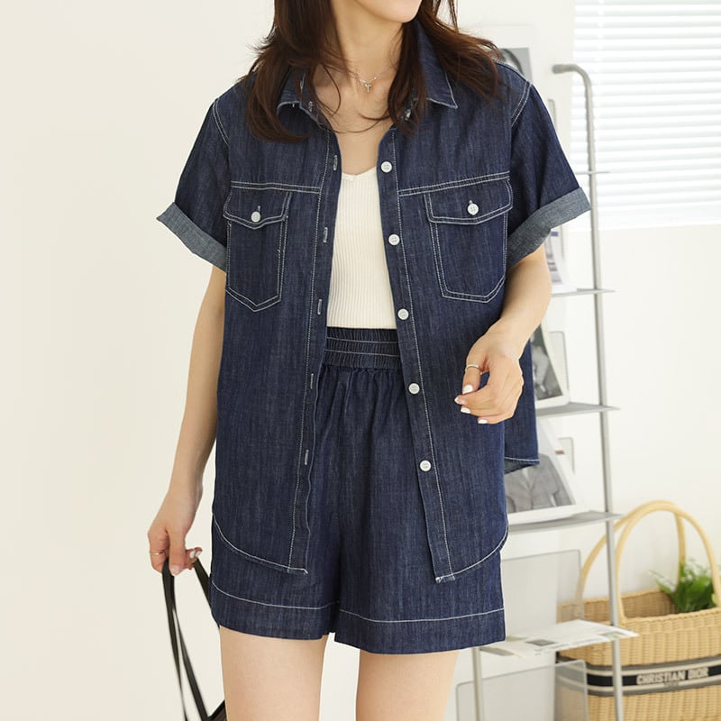 新商品 超人気 デニム 半袖トップスⅹパンツセット <ins-8233>