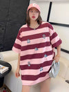 着回し力抜群 カジュアル ストライプ柄 プリント ゆったり半袖Tシャツ ＜ins-8482＞