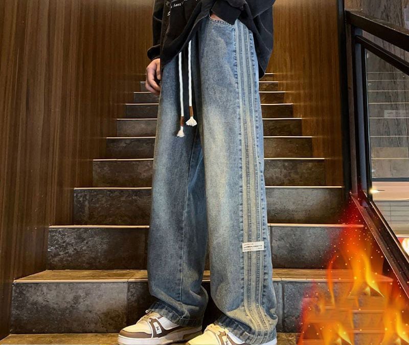 超人気 着回し力抜群 売り切れ必至 プラスベルベット 2色選択 デニム ワイドパンツE-9879