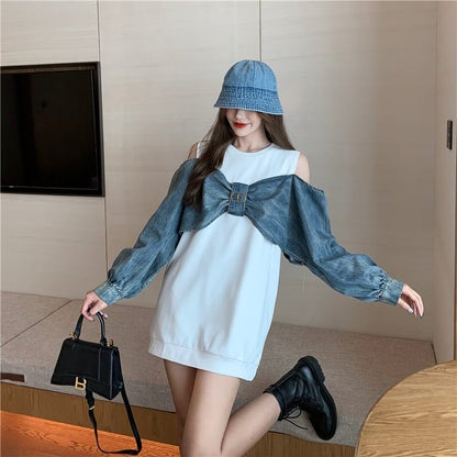 スタイリッシュ ラウンドネック 一目惚れ 切り替え 蝶結び スウェット パーカーE-2849