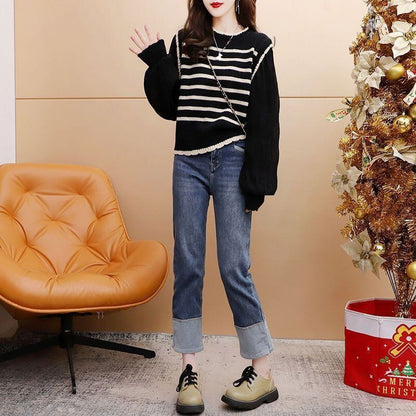 絶対流行 おしゃれ度高め 早い者勝ち シフォン 切り替え 全2色 ニットトップスE-9563