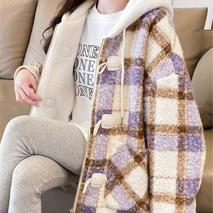 絶対流行 カジュアル 柔らかくて優しい印象 チェック柄 2色選択 ラムフリース コート ボアジャケットE-9854