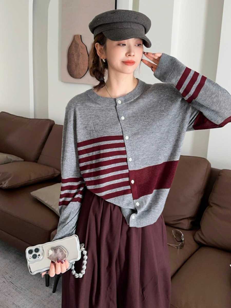 都市ファッショ デザイン オシャレ 切り替え ストライプ柄 ニットトップスE-9581