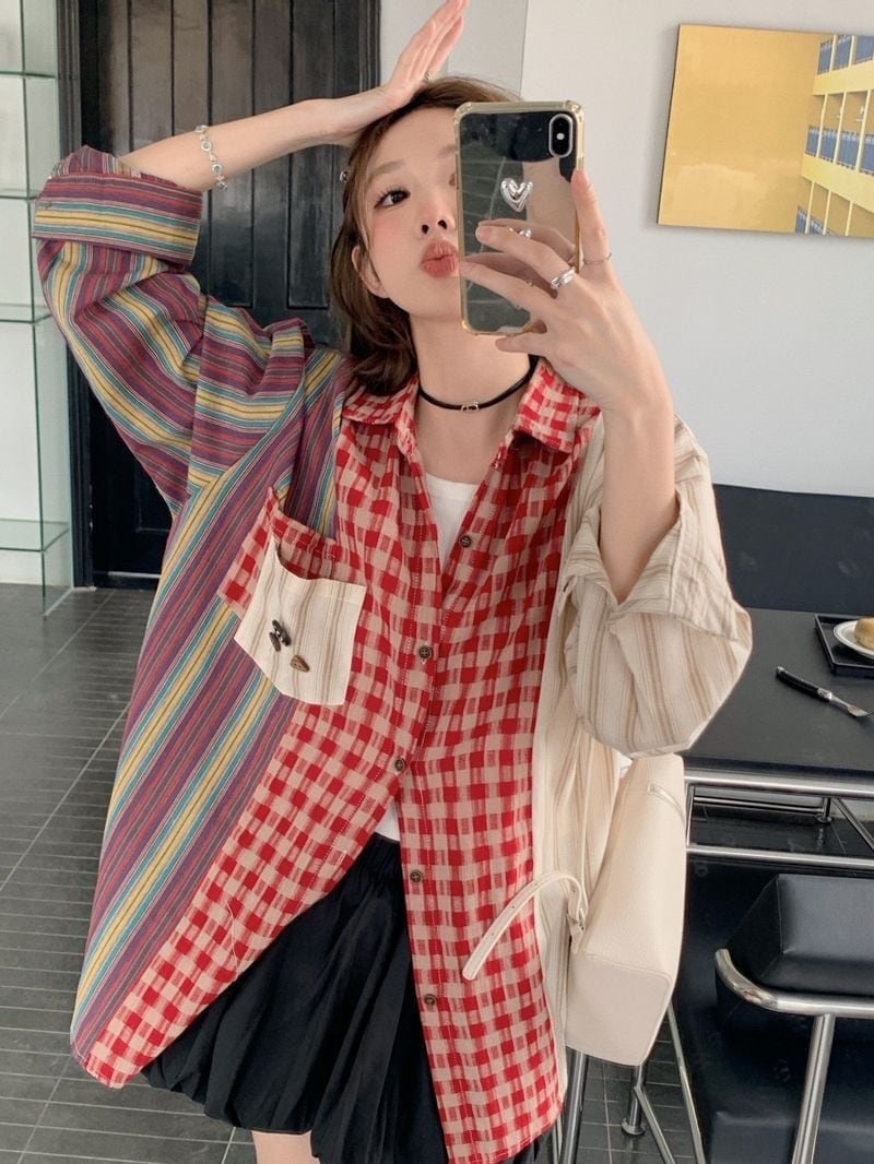 新商品 切り替え 個性的なデザイン チェック柄 ストライプ柄 シャツ E-9155