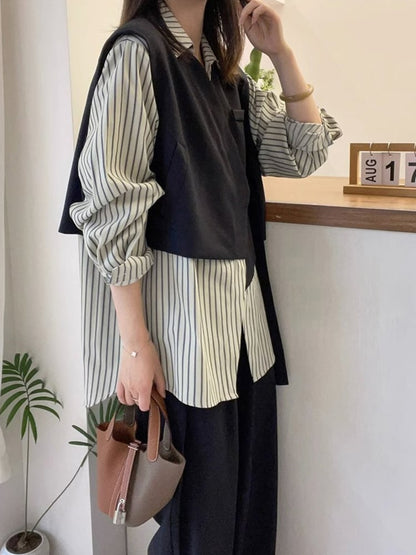 存在感抜群 レイヤード風 トレンドアイテム ストライプ柄 切り替え シャツ E-9555