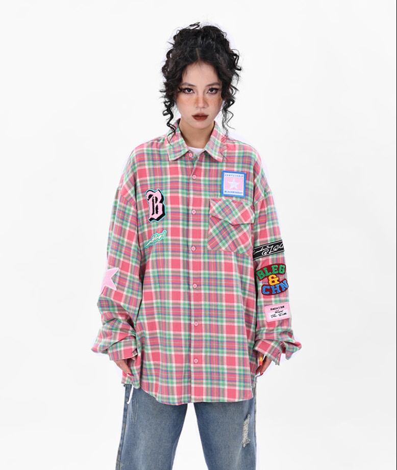 新商品 アバンギャルド 大活躍 カジュアル 刺繍 チェック柄 全2色 男女兼用 シャツ E-9167