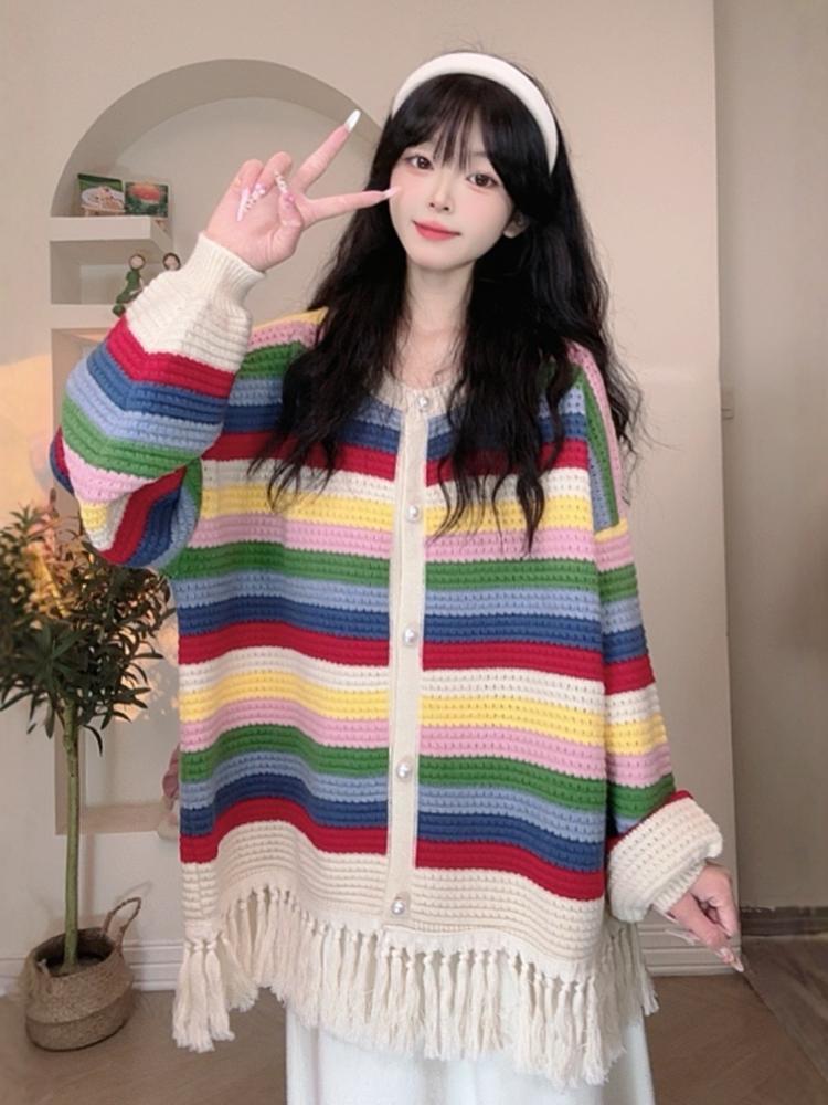 人気爆発中 タッセル 柔らかくて優しい印象 カラーマッチング ニットトップスE-10574