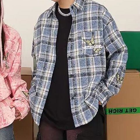 アクティブも綺麗も叶う 刺繍 カジュアル チェック柄 全2色 カップル シャツ E-9166