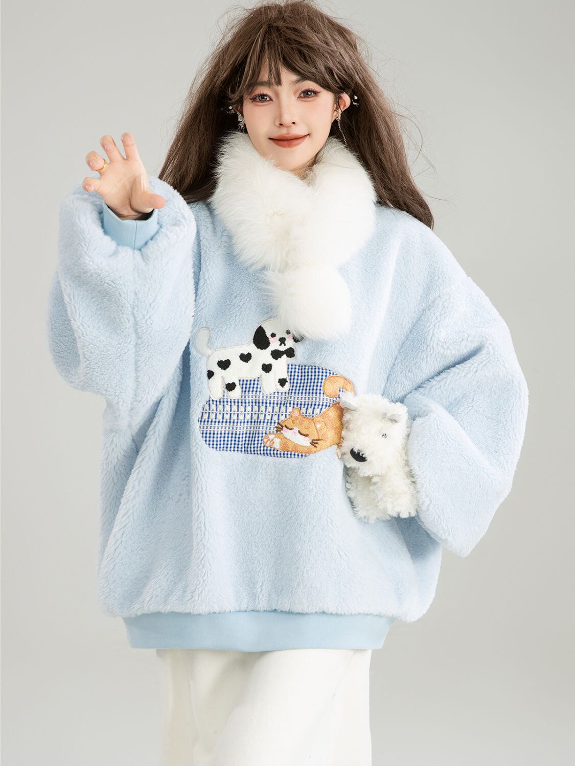 存在感抜群 暖かい服,ゆったりとしたアウターウェア トレンドアイテム ラムスウェットシャツE-9961