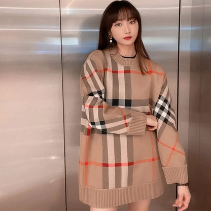 レトロ ラウンドネック オシャレ度満点 チェック柄 長袖 ニット セーターE-6808