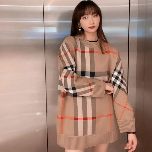 レトロ ラウンドネック オシャレ度満点 チェック柄 長袖 ニット セーターE-6808