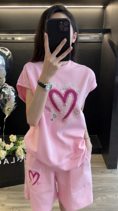 超人気 ホットダイヤモンド カジュアル プリント 半袖Tシャツ ショートパンツ セットアップ E-9215