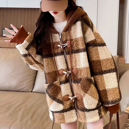 絶対流行 カジュアル 柔らかくて優しい印象 チェック柄 2色選択 ラムフリース コート ボアジャケットE-9854