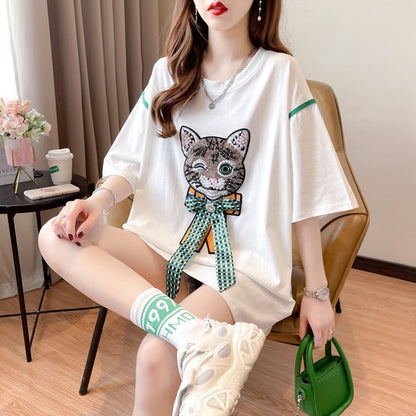 質感のいい 立体のリボン 猫刺繍 ロング Tシャツ ゆったり半袖 ＜ins-2919＞