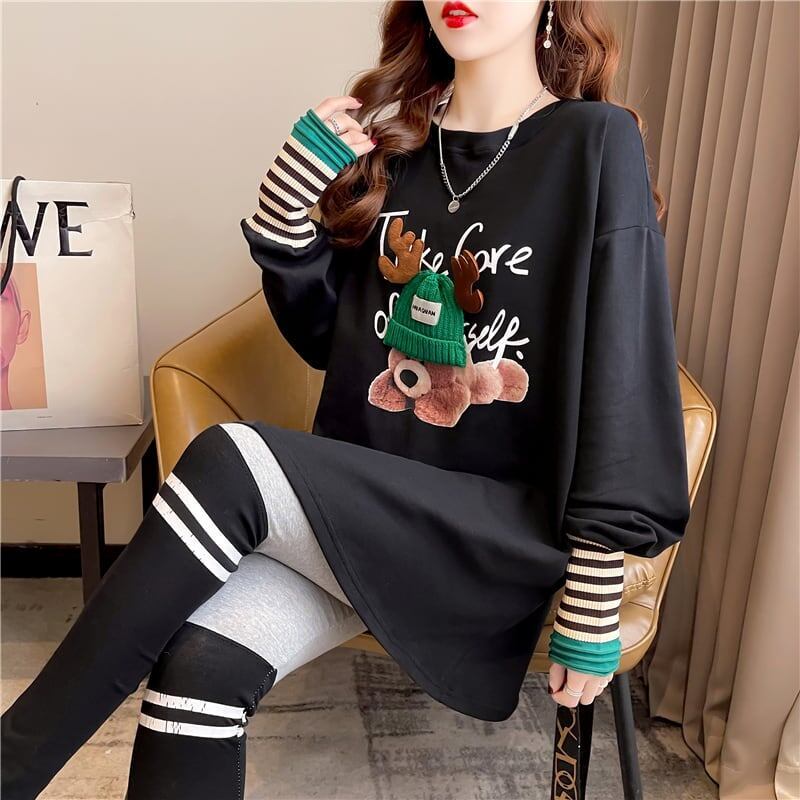 着心地抜群 ラウンドネック 好感度満載 カートゥーンプリント シャツ ブラウスE-2664