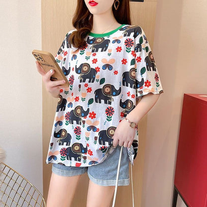 【半額！期間限定！！】絶対欲しい カジュアル キュート プリント ゆったり 2色半袖Tシャツ＜ins-8470＞