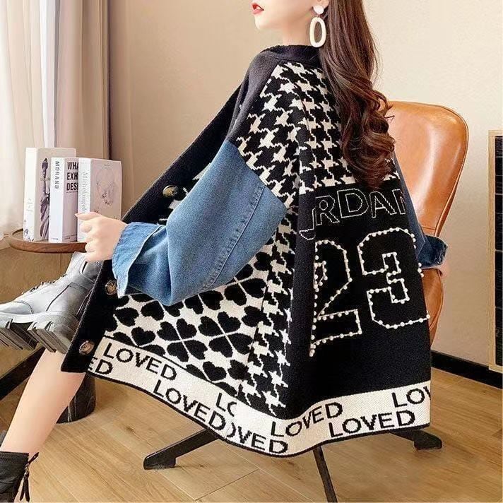 都市ファッショ デザイン オシャレ デニム切り替え 全2色 ニットカーディガンE-9377