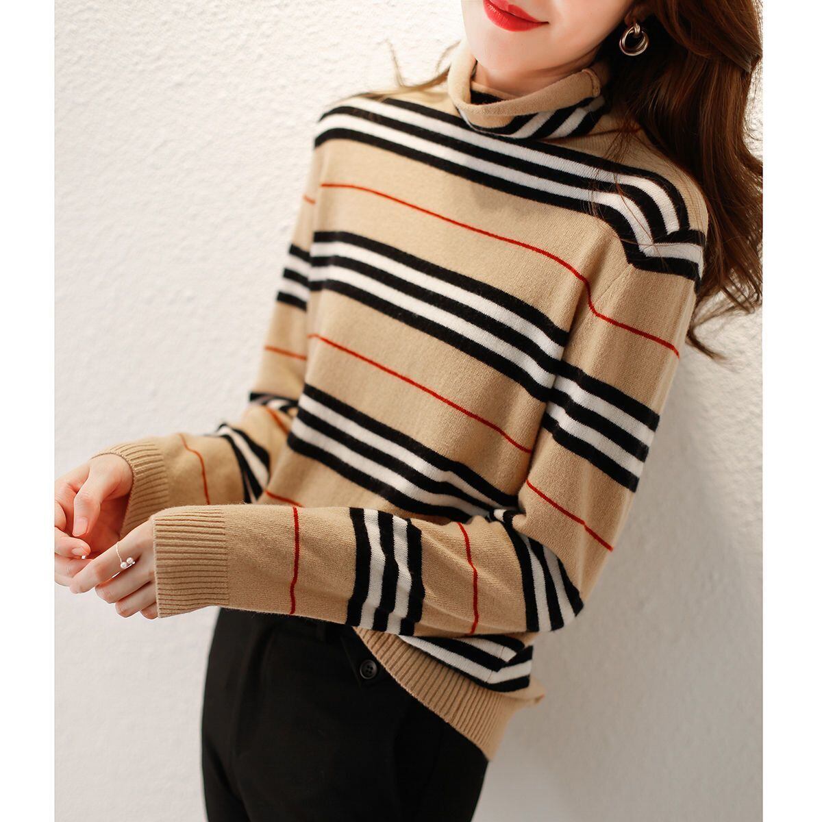 おすすめ 柔らかくて優しい印象 気質アップ 切り替え ストライプ柄 ニットトップスE-9517