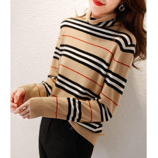 おすすめ 柔らかくて優しい印象 気質アップ 切り替え ストライプ柄 ニットトップスE-9517