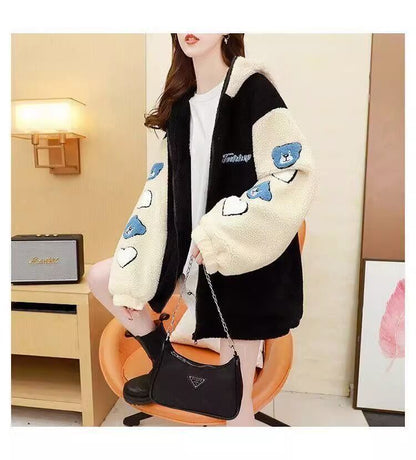 売り切れ必至 カジュアル 快適トップス 刺繍 切り替え 2色選択 ラムフリース コート ボアジャケットE-9766