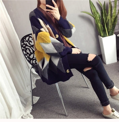 アーガイル オーバーサイズ ボア ニットカーディガン iEf-3833