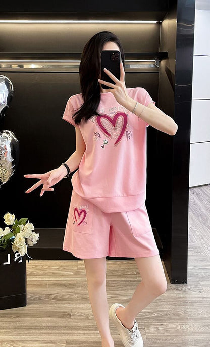 超人気 ホットダイヤモンド カジュアル プリント 半袖Tシャツ ショートパンツ セットアップ E-9215