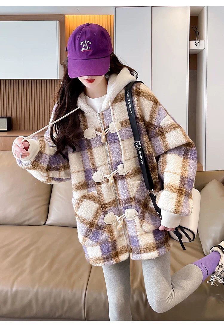 絶対流行 カジュアル 柔らかくて優しい印象 チェック柄 2色選択 ラムフリース コート ボアジャケットE-9854