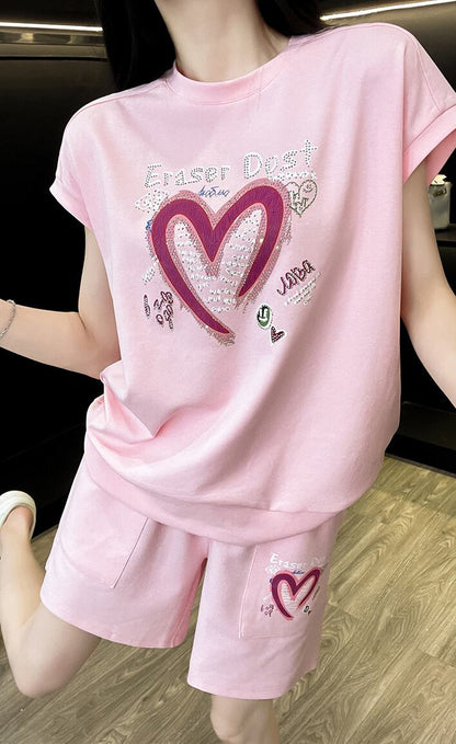 超人気 ホットダイヤモンド カジュアル プリント 半袖Tシャツ ショートパンツ セットアップ E-9215