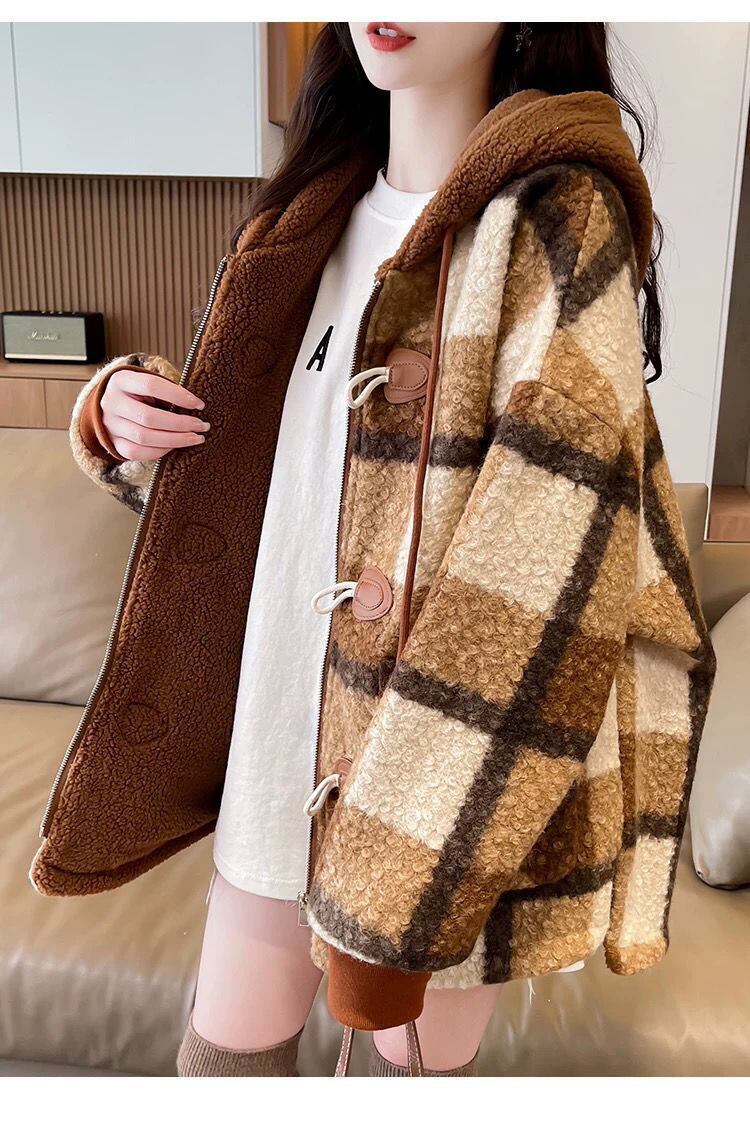 絶対流行 カジュアル 柔らかくて優しい印象 チェック柄 2色選択 ラムフリース コート ボアジャケットE-9854