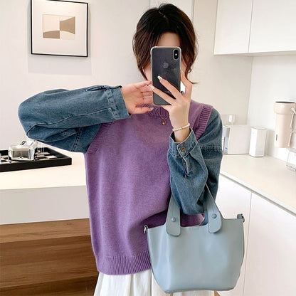 好感度UP レイヤード風 スタイルアップ デニム 切り替え 3色選択 ニットトップスE-9594