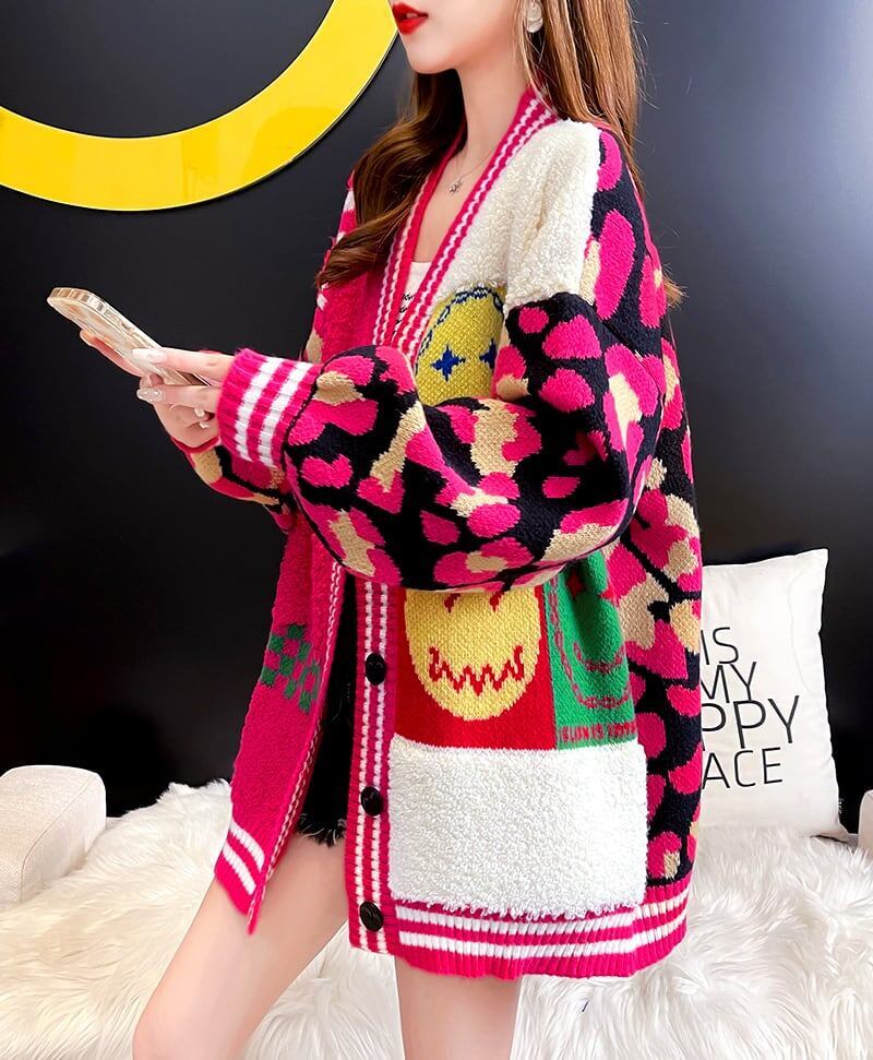 早い者勝ちスマイルマーク   ニットカーディガン五色ありE-4059