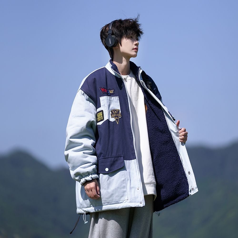 【裏起毛】質感のいい 配色切替 リバーシブル 裏ボア  オーバーサイズ ジャケットE-12581