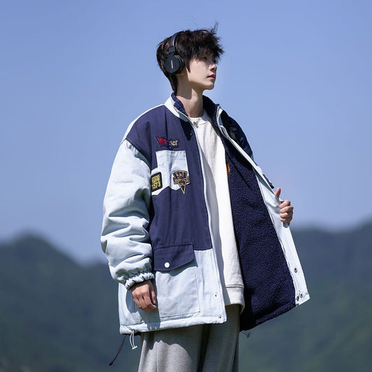 【裏起毛】質感のいい 配色切替 リバーシブル 裏ボア  オーバーサイズ ジャケットE-12581