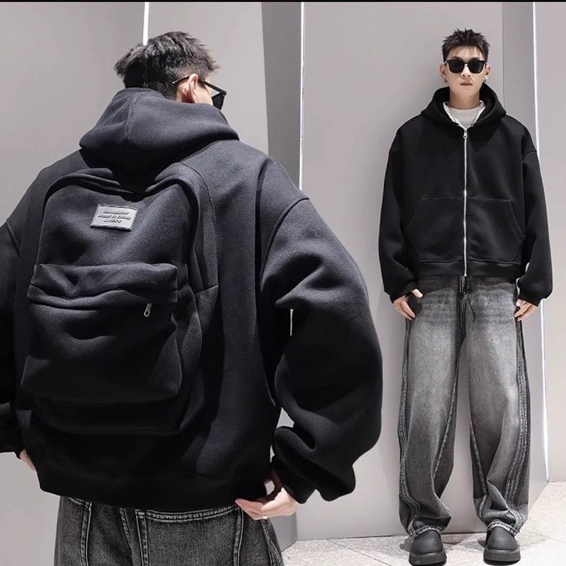 大注目 立体フェイクバックパックデザイン 2色展開 ユニセックス ジップパーカーE-12639