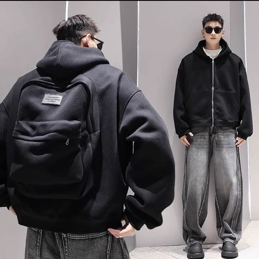 大注目 立体フェイクバックパックデザイン 2色展開 ユニセックス ジップパーカーE-12639